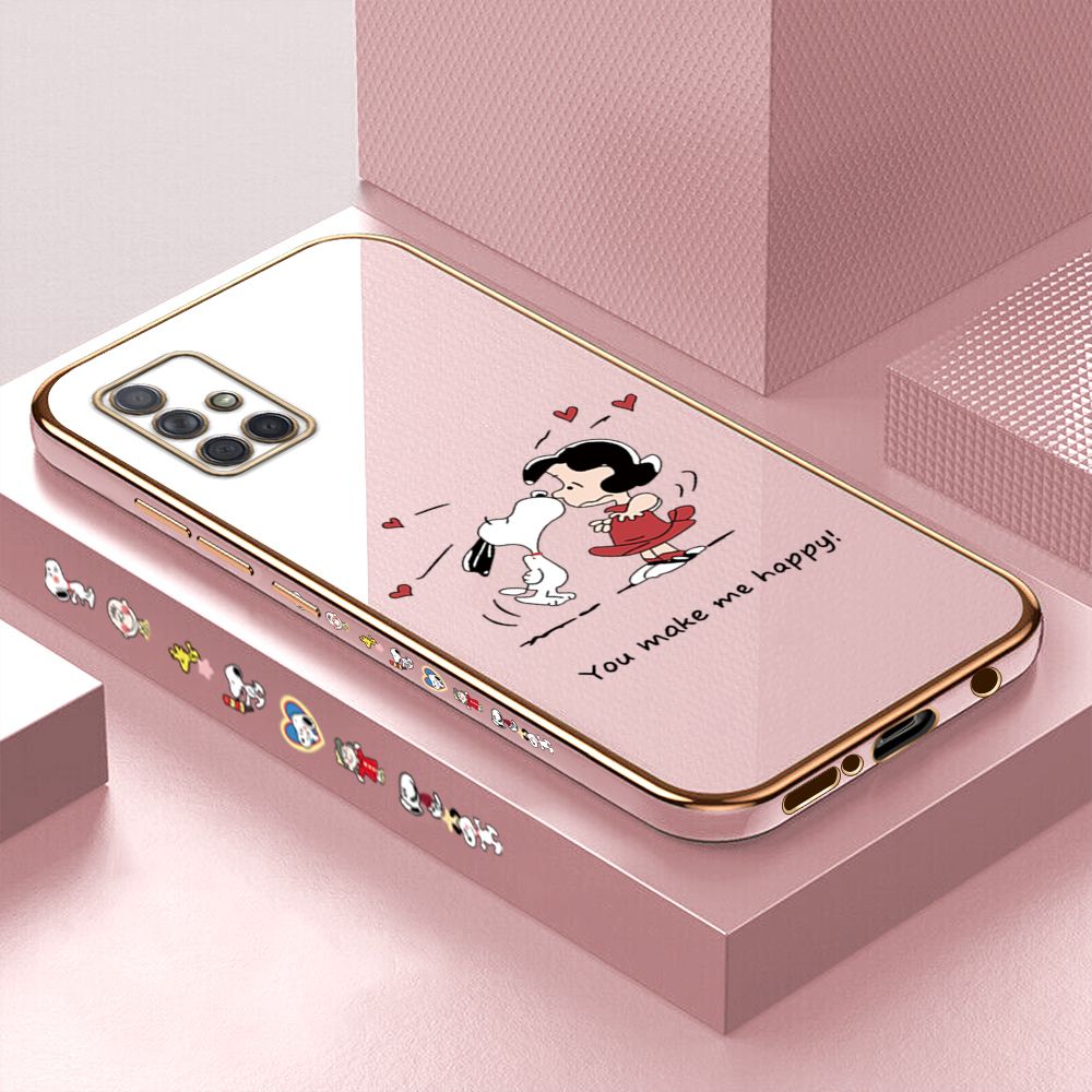 Luxury 6D Plating Case for Samsung A71 Cartoon Happy Puppy Side Pattern Back Cover Soft Silicone Square Phone Cases + Free Lanyard
