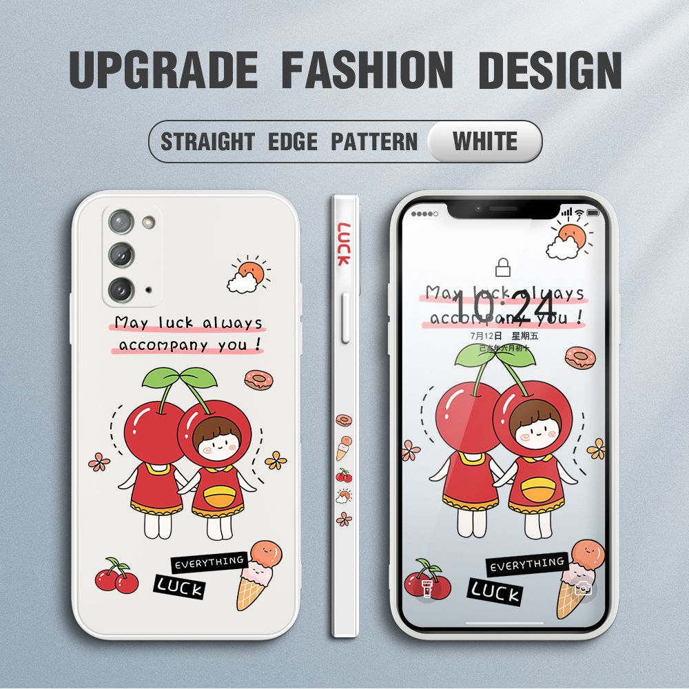 Jizetin for Samsung Galaxy Note 20 Case Fashion Cherry Girl Design Side Design Phone Case Square Edge Pattern Liquid Silicone Cases Full Cover Camera Shockproof Protective Case