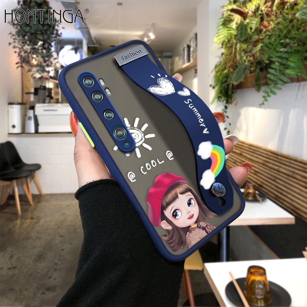 Hontinga for Xiaomi Mi Note 10 / Note 10 Pro Back Cover With Wristband Cute Red Hood Girl Phone Casee Full Lens Protection Thin Frosted Cases