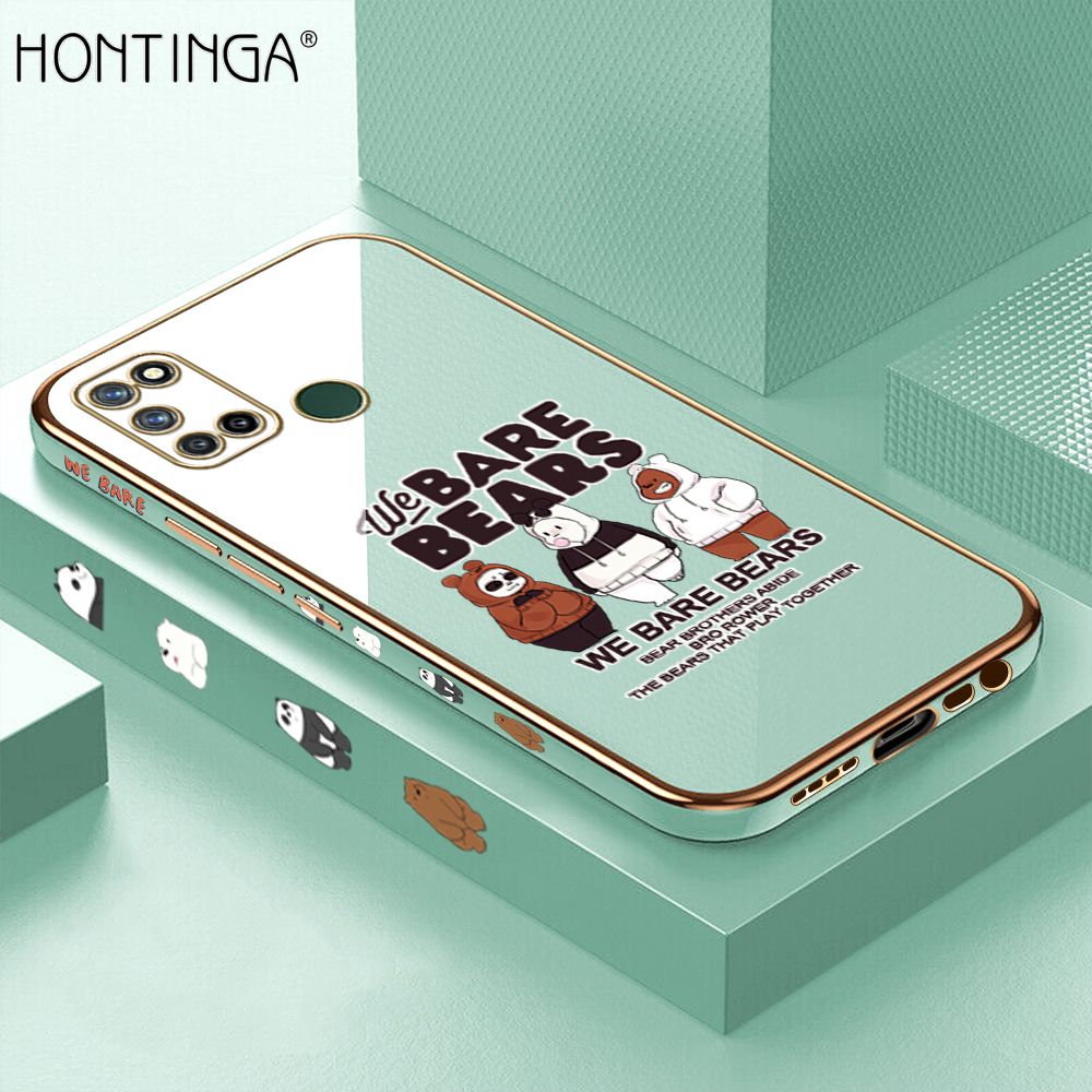 Hontinga for Realme 7I C17 Back Cover + Free Lanyard Luxury 6D Plating Cute Three Bears Side Pattern Case Soft Silicone Square Mobile Cover