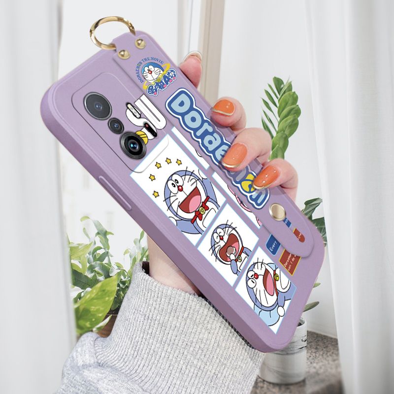 ZeroQiQi for Xiaomi 11T Pro Wrist Strap Case Cute Cute Cartoon Blue Cat Daily Life Cover Square Edge Liquid Silicone Creative Phone Protective Cases