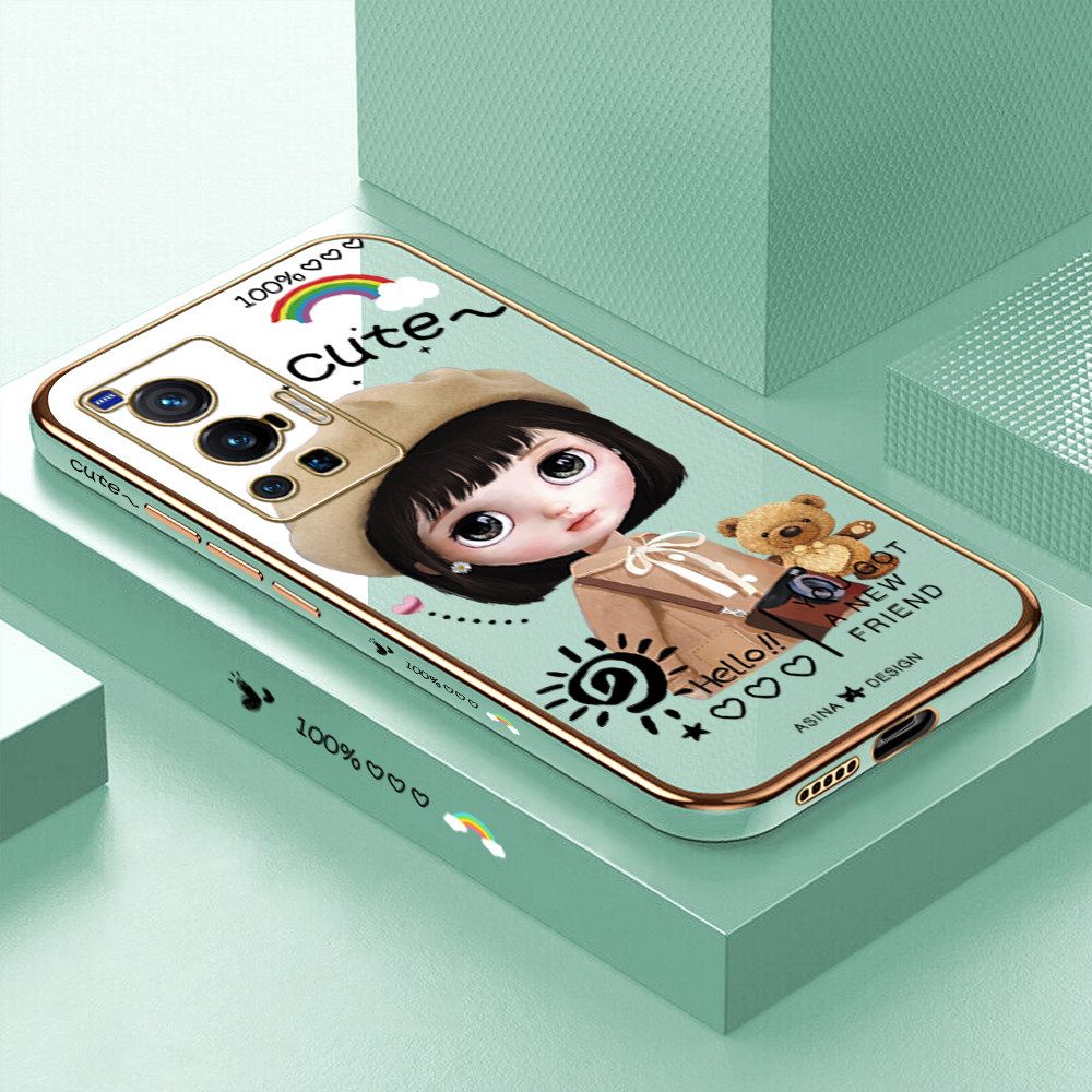 Luxury 6D Plating Soft Casing Silicone Square Frame Phone Case For Vivo X70 Pro 5G Case Shiny Bling Back Cover Cute Girl With Shoulder Bag Square Edge Pattern Design Soft Case + Free Lanyard