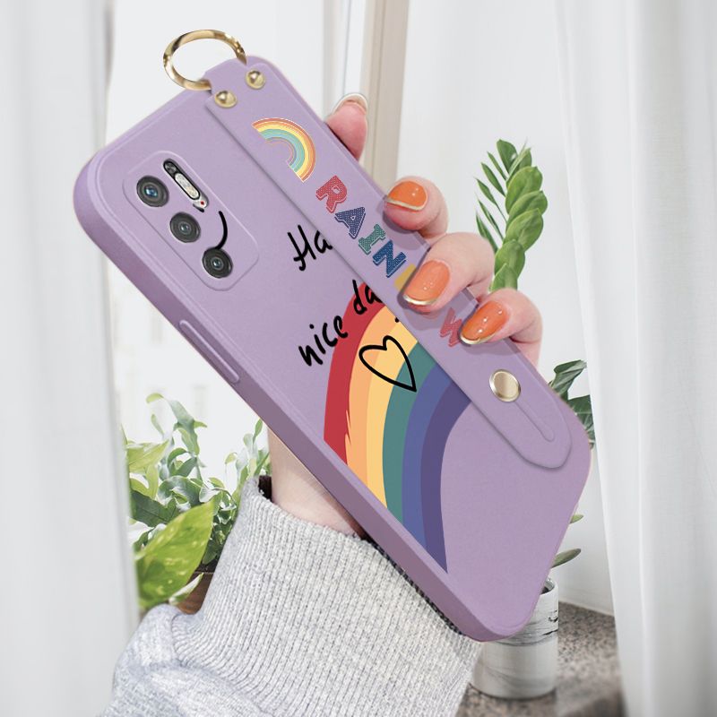 Jizetin for Xiaomi Poco M3 Pro 5G / 4G / Remi Note 10 5G Wrist Strap Case INS Style Smile Rainbow Cover Ultra Thin Anti Fall Liquid Silicone Phone Case