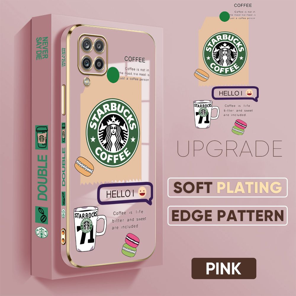 Jizetin (Free Lanyard) Samsung A12 A12 5G M12 Back Cover Two Coffee Macaron Luxury 6D Plating Case Side Pattern Soft Silicone Square Mobile Phone Cases