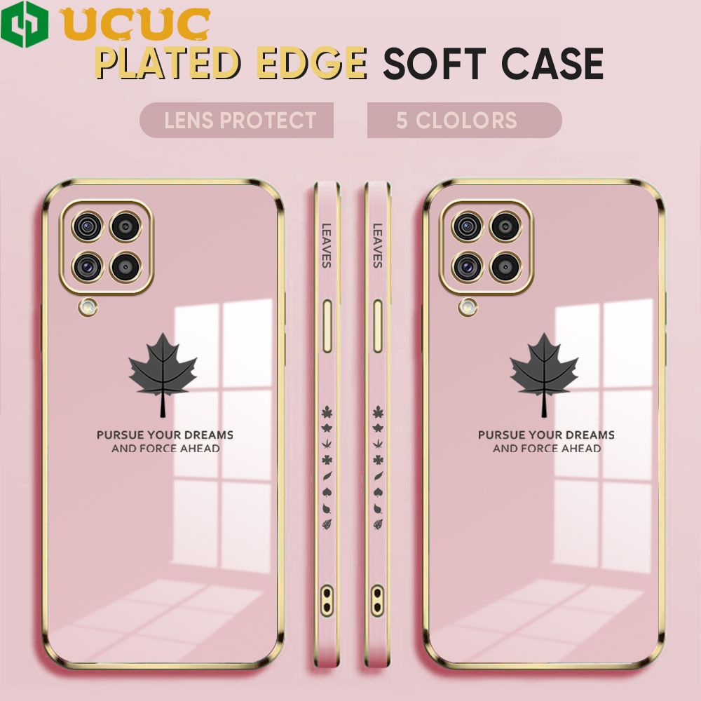 UCUC for Samsung Galaxy M62 F62 Back Cover + Free Lanyard Maple Leaf Luxury 6D Plating Case Side Pattern Soft Silicone Square Phone Cases