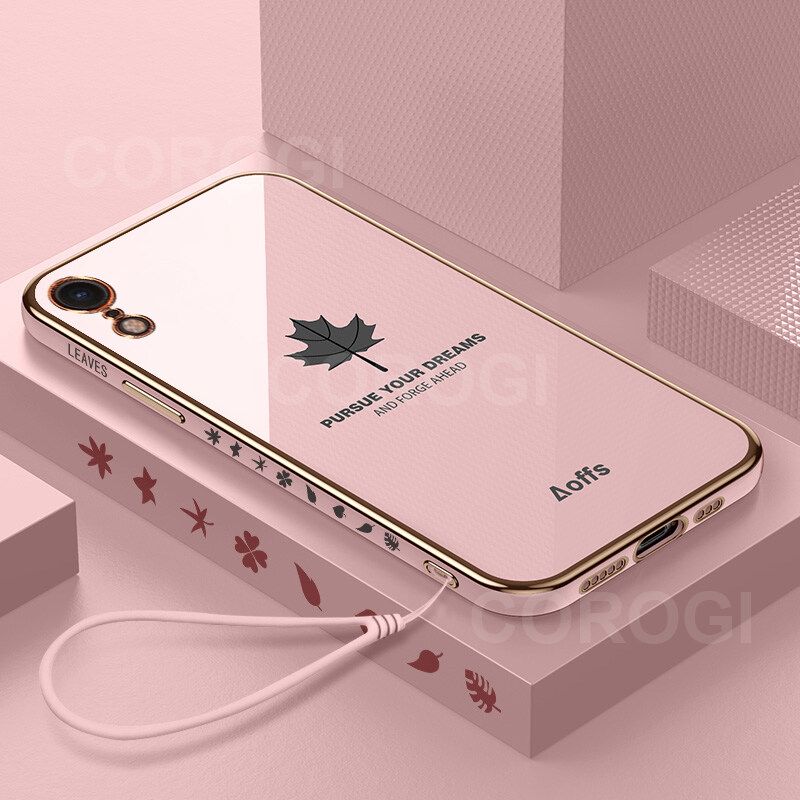 For iPhone Xr Back Cover + Wrist Strap Fashion Shiny Maple leaf Plating Square Bumper Phone Case Soft TPU Silicone Shockproof Protective Cover