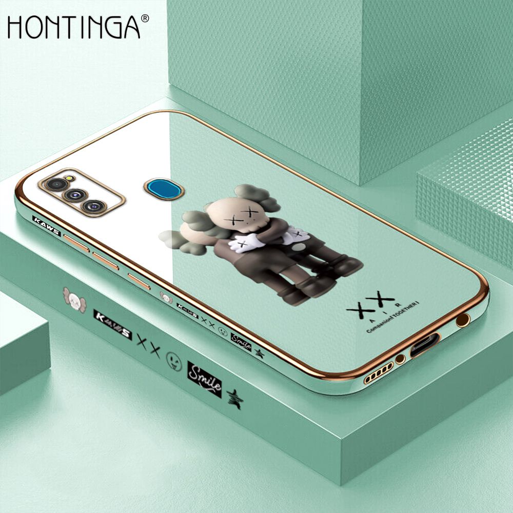 Hontinga for Samsung M21 M30S Back Cover + Free Lanyard Luxury 6D Plating Cartoon Hug bear Side Pattern Case Soft Silicone Square Mobile Cover