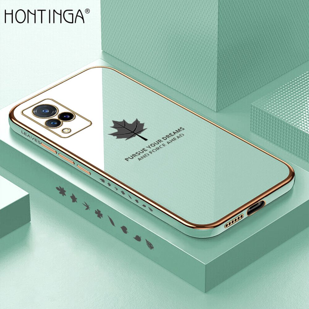 Hontinga for Vivo V21 / V21 5G Back Cover + Free Lanyard Luxury 6D Plating Shiny Maple leaf Phone Case Soft Silicone Square Mobile Cover