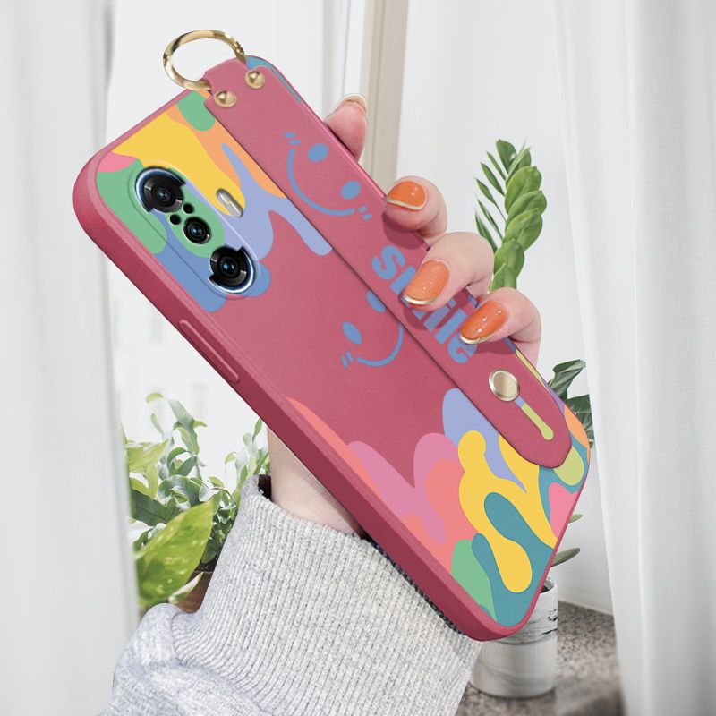 ZeroQiQi for Xiaomi Poco F3 GT Wrist Strap Case Soft Candy Color Splash Ink Cover Trend Square Printed Pattern Liquid Silicone Phone Case