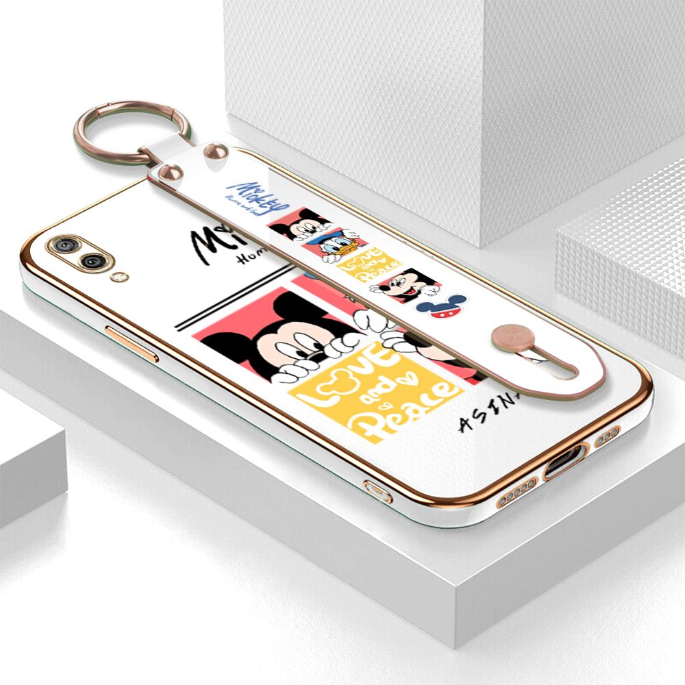 Jizetin for Huawei Y7 Pro 2019 Back Cover Lovely Mouse Luxury 6D Plating Wrist Strap Phone Cases Soft Silicone Square Mobile Phone Case