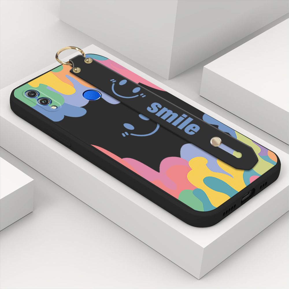 ZeroQiQi for Honor 8X Wrist Strap Case Soft Candy Color Splash Ink Cover Trend Square Printed Pattern Liquid Silicone Phone Case