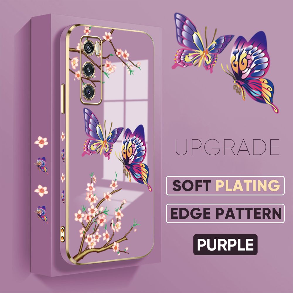 Jizetin (Free Lanyard) Vivo V20 SE Back Cover Peach Blossom and Butterfly Luxury 6D Plating Case Side Pattern Soft Silicone Square Mobile Phone Cases