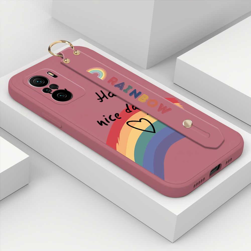 ZeroQiQi for Xiaomi Redmi K40 Pro Wrist Strap Case Lovely Graffiti Rainbow Smile Thin Phone Cover Square Edge Liquid Silicone Creativity Phone Case