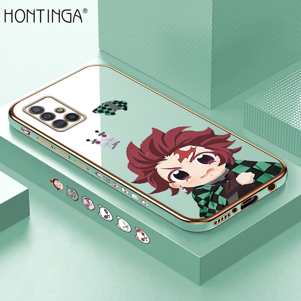 Hontinga for Samsung A51 4G Back Cover + Free Lanyard Luxury 6D Plating Cartoon Anime Tanjirou Side Pattern Case Soft Silicone Square Mobile Cover