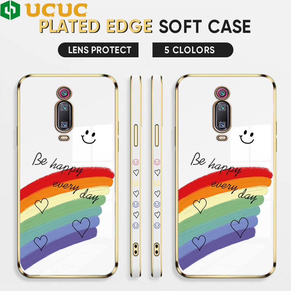 UCUC for Redmi K20 Pro / K20 / Xiaomi 9T Back Cover + Free Lanyard Rainbow Doodle Luxury 6D Plating Case Side Pattern Soft Silicone Square Phone Cases