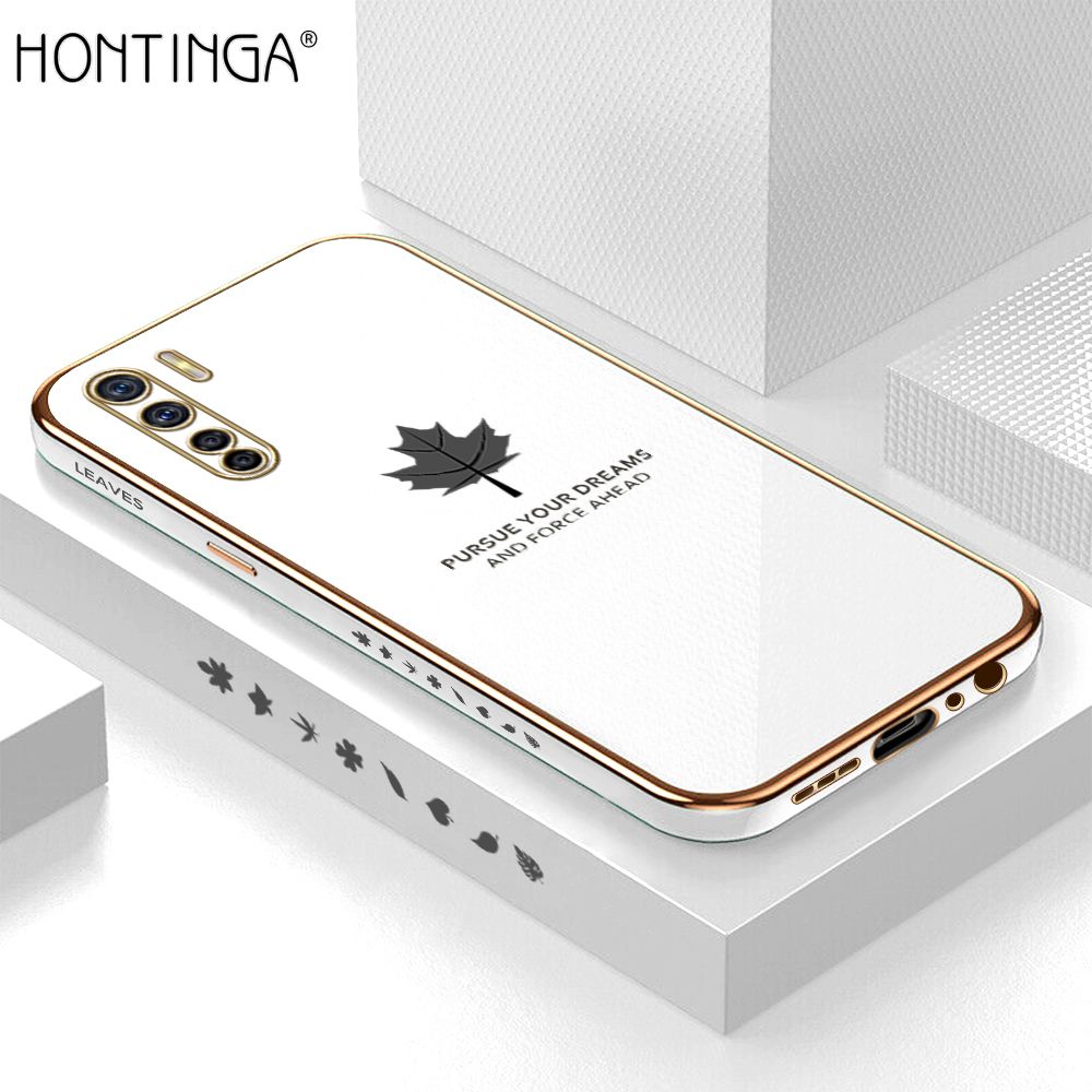Hontinga for OPPO F15 A91 Back Cover Luxury 6D Plating Maple Leaf Side Pattern Case Soft Silicone Square Phone Cases