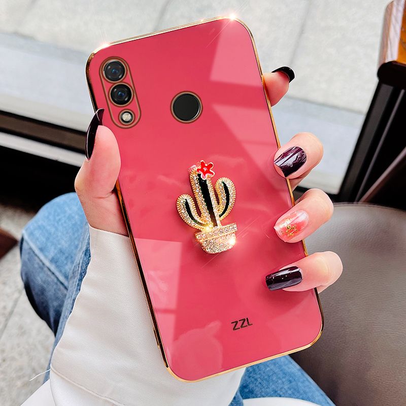 For Huawei Honor 10 Lite Cover Fashion Rhinestone 3D Cactus Shiny Plating Square Bumper Phone Case Soft Silicone Shockproof Protective Back Cover
