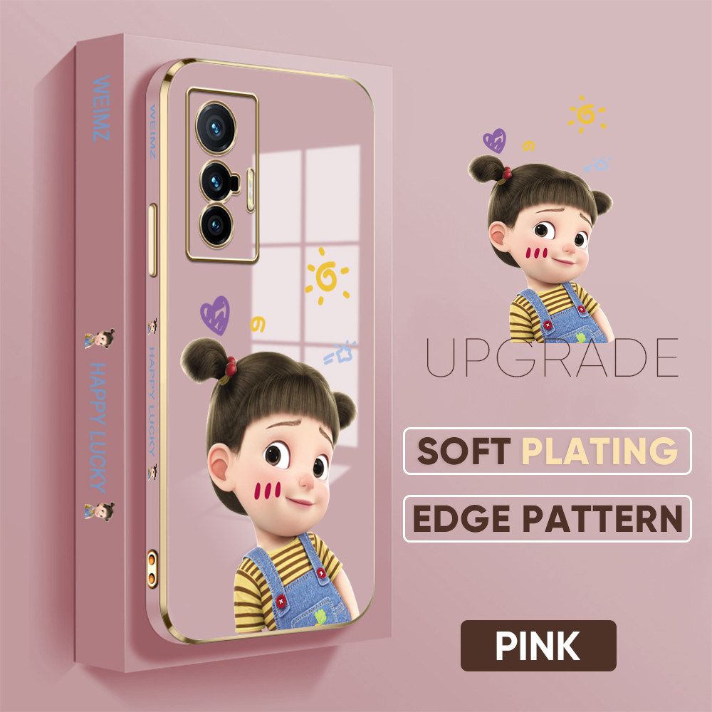 Jizetin (Free Lanyard) Vivo X70 5G Back Cover Double Ponytail Girl Luxury 6D Plating Case Side Pattern Soft Silicone Square Mobile Phone Cases
