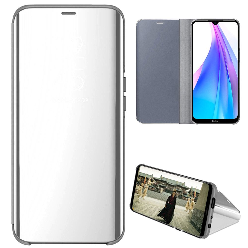 For Xiaomi Redmi Note 8T Mirror Plating Hard PC -PU Leather Translucent Standing View Case Cover