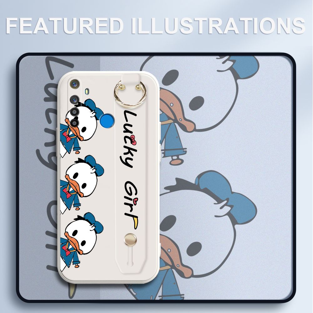 UCUC for Realme 5 Wrist Strap Case Creative Cartoon Three Ducks Cover Ultra Thin Anti Fall Liquid Silicone Phone Case