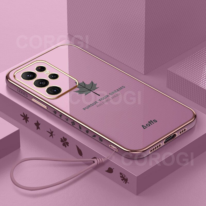 For Samsung Galaxy S22 Ultra Back Cover + Wrist Strap Fashion Shiny Maple leaf Plating Square Bumper Phone Case Soft TPU Silicone Shockproof Protective Cover