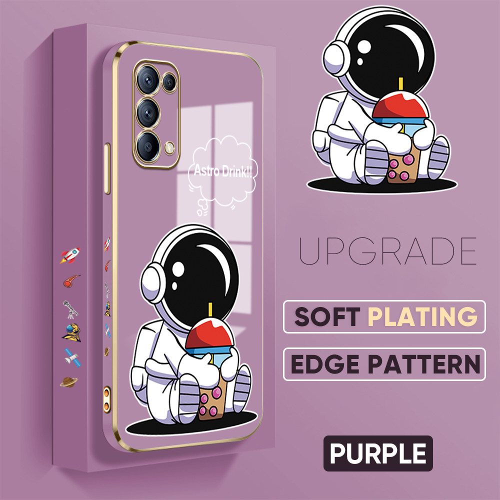 TA for OPPO Reno5 4G 5G Back Cover + Free Lanyard Cute Astronaut Luxury 6D Plating Case Side Pattern Soft Silicone Square Phone Cases