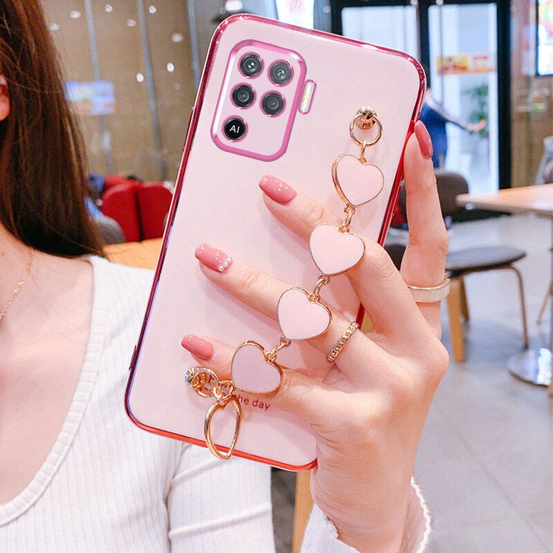For OPPO F19 Pro Cover + Love Heart Bracelet Fashion Shiny Wrist Chain Plating Bumper Slim Phone Case Soft TPU Silicone Shockproof Protective Back Cover