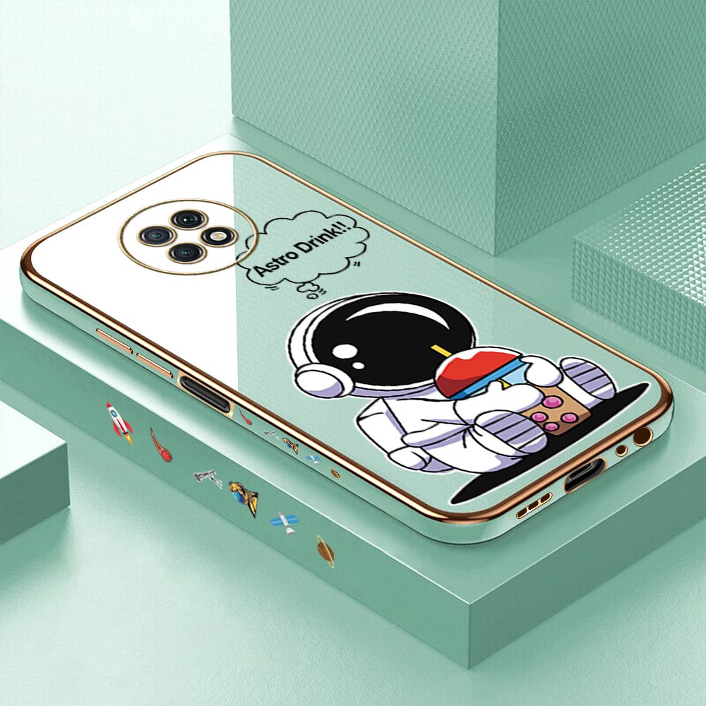 Luxury 6D Plating Case for Xiaomi Redmi Note 9T Cute Cartoon Happy Astronaut Side Pattern Back Cover Soft Silicone Square Phone Cases + Free Lanyard
