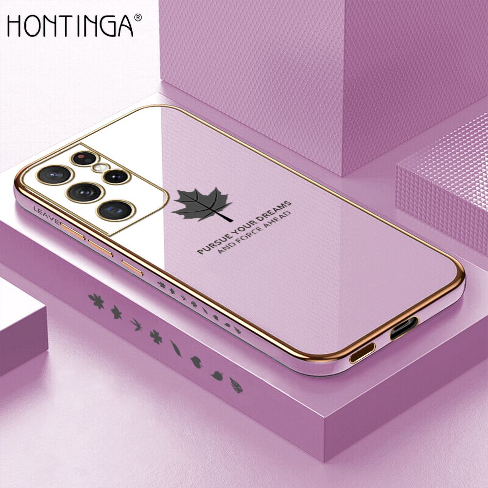Hontinga for Samsung Galaxy S21 Ultra 5G Back Cover + Free Lanyard Luxury 6D Plating Shiny Maple leaf Phone Case Soft Silicone Square Mobile Cover