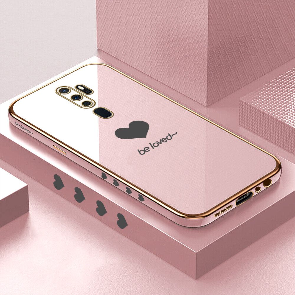 Luxury 6D Plating Soft Casing Silicone Square Frame Phone Case For OPPO A9 2020 Case Shiny Bling Back Cover Lover Heart Square Edge Pattern Design Soft Case + Free Lanyard