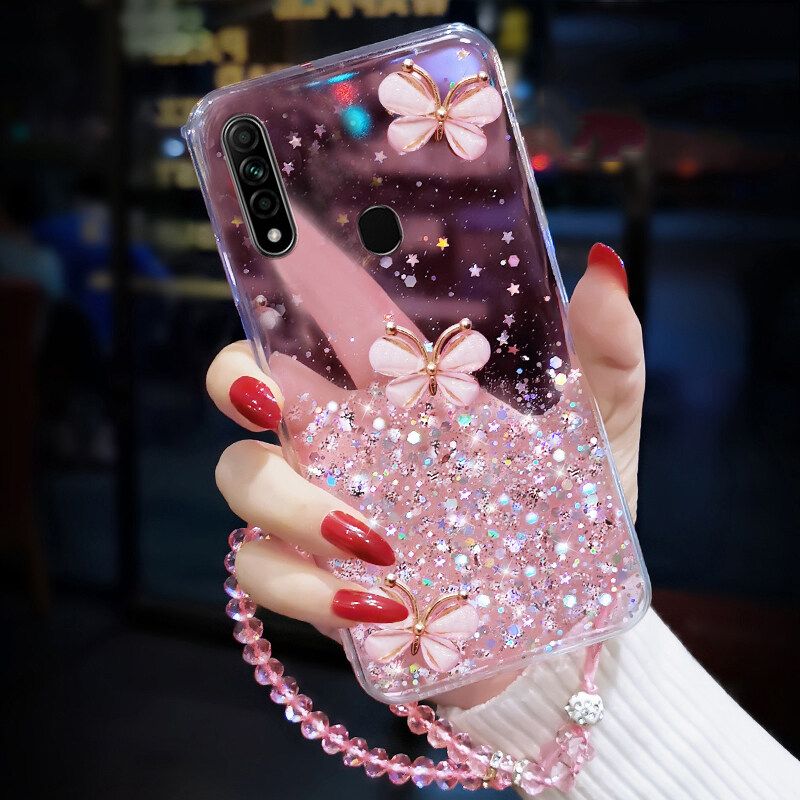 Phone case Huawei Y7P Shiny Ring Case Glitter Soft Transparent Butterfly Cases For Huawei Y7P Back Cover + Free Crystal Chain
