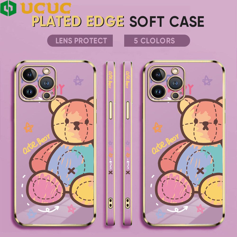 UCUC for iPhone 12 Pro Max Back Cover + Free Lanyard Colorful Muppet Bear Luxury 6D Plating Case Side Pattern Soft Silicone Square Phone Cases