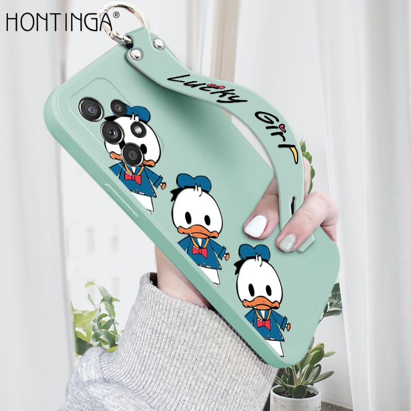 Hontinga for Samsung Galaxy A52 5G Wrist Strap Case Cute Cartoon Little Duck Phone Case Square Edge Liquid Silicone Case Full Cover Camera Shockproof Protective Cases