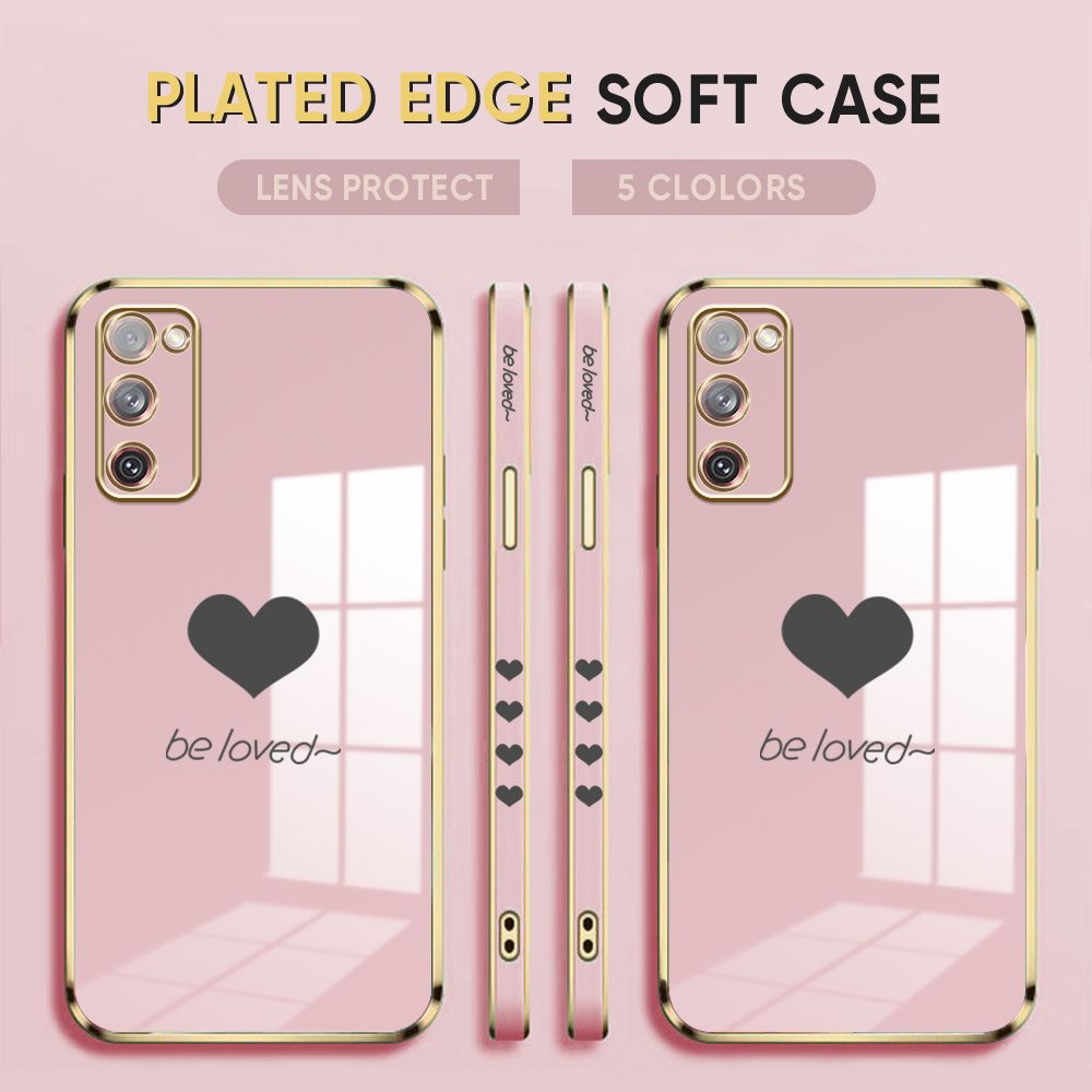 Luxury 6D Plating Case for Samsung S20 FE 5G Phone Cases Lover Heart Side Print Soft Silicone Square Back Cover