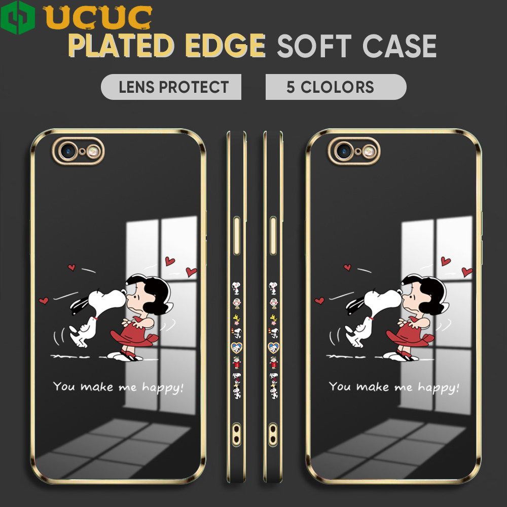 UCUC for iPhone 6 Plus 6s Plus Back Cover + Free Lanyard Happy Puppy Luxury 6D Plating Case Side Pattern Soft Silicone Square Phone Cases