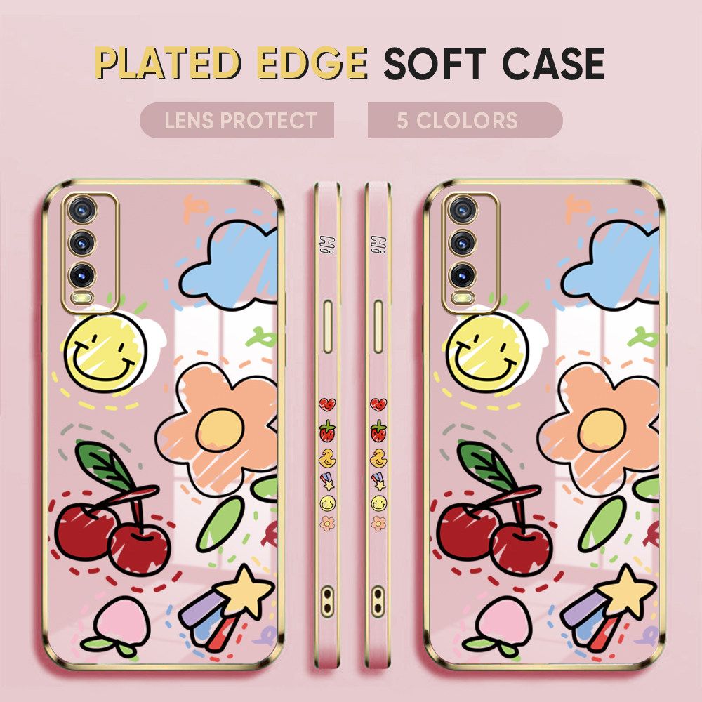 Luxury 6D Plating Case for Vivo Y20SG Phone Cases Color Cartoon cherry Peach Side Print Soft Silicone Square Back Cover