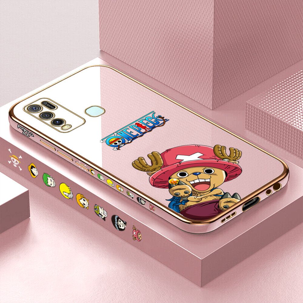 Luxury 6D Plating Case for Vivo Y50 Cartoon Anime Choba Side Pattern Back Cover Soft Silicone Square Frame Shiny Bling Phone Cases + Free Lanyard