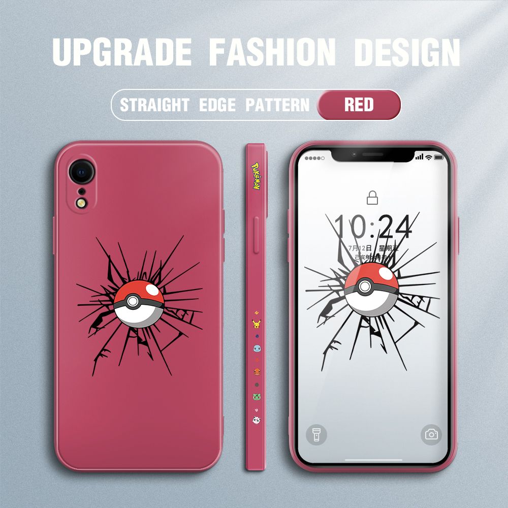 Jizetin for iPhone XR Case Cartoon Pokémon Pocket Monster Design Side Design Phone Case Square Edge Pattern Liquid Silicone Cases Full Cover Camera Shockproof Protective Case