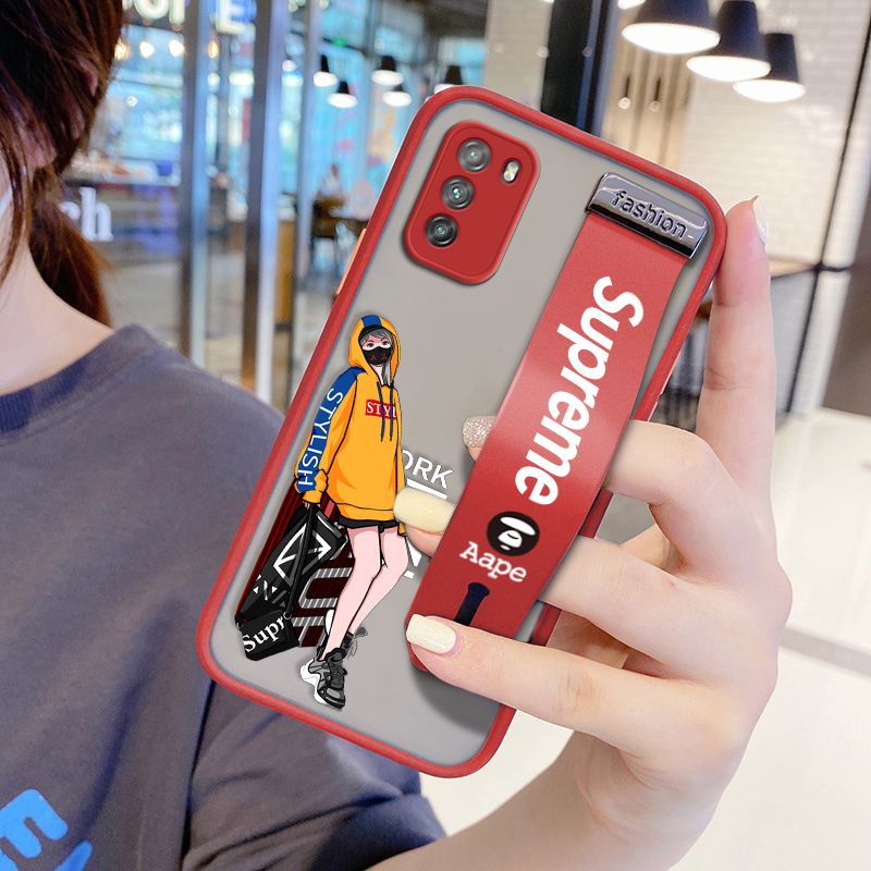UCUC for Xiaomi POCO M3 Wrist Strap Case Creative Cartoon Handsome Girl Wristband Printing Cover Shockproof Frosted Phone Case