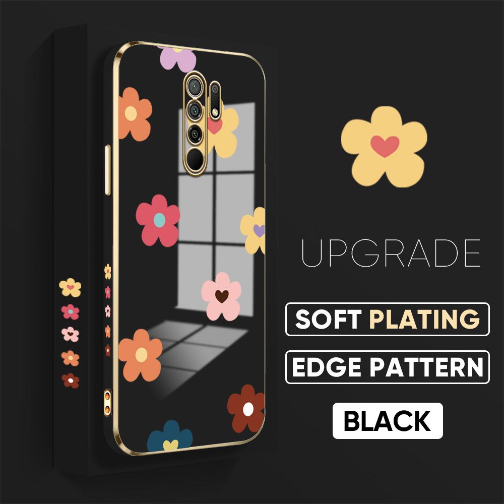 TA for Xiaomi Poco M2 / Redmi 9 Back Cover + Free Lanyard Falling Flowers Luxury 6D Plating Case Side Pattern Soft Silicone Square Phone Cases