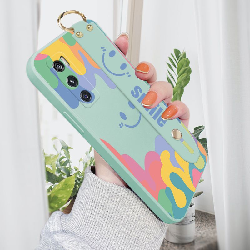 Jizetin for Vivo V20 SE Wrist Strap Case Soft Candy Color Splash Ink Cover Ultra Thin Anti Fall Liquid Silicone Phone Case