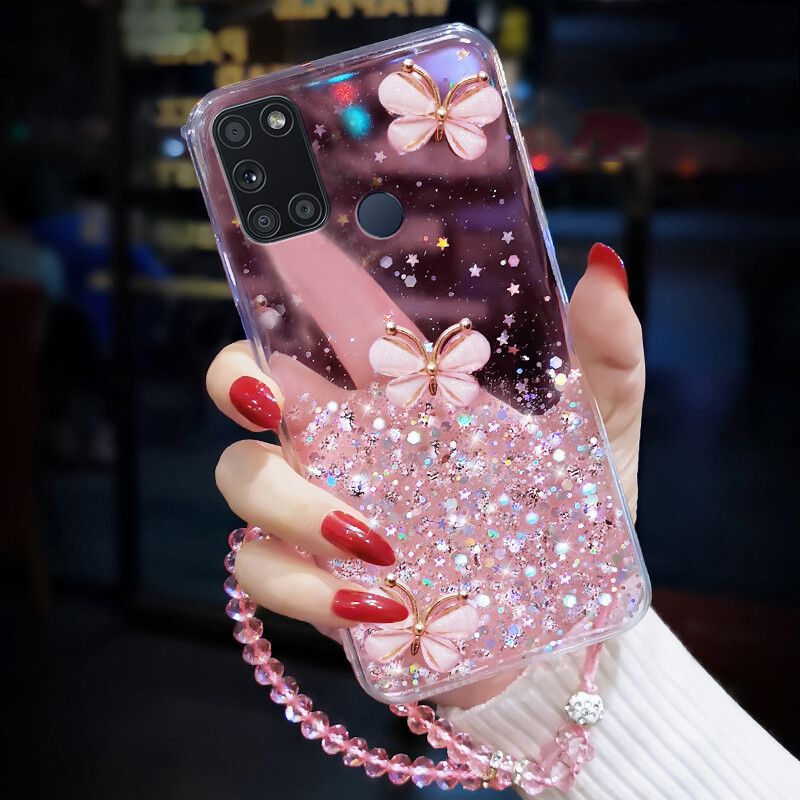 Phone case Realme 7i Shiny Ring Case Glitter Soft Transparent Butterfly Cases For Realme 7i Back Cover + Free Crystal Chain