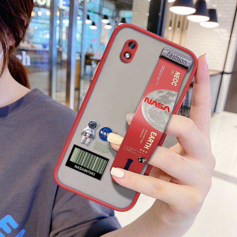 UCUC for Samsung Galaxy A01 Core Wrist Strap Case Creative Cartoon Astronaut Wristband Printing Cover Shockproof Frosted Phone Case