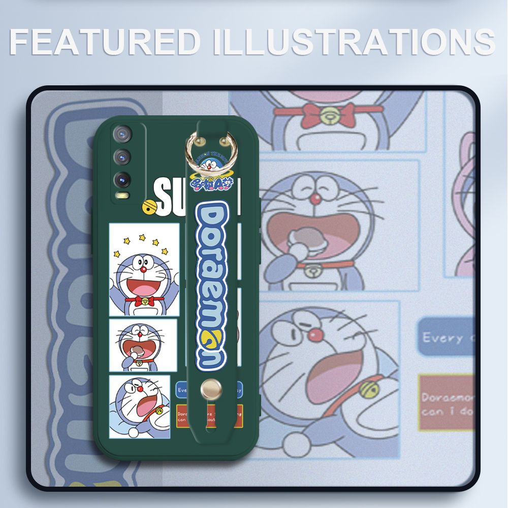UCUC for Vivo Y20 2021 Wrist Strap Case Creative Cartoon Doraemon's Daily Life Cover Ultra Thin Anti Fall Liquid Silicone Phone Case