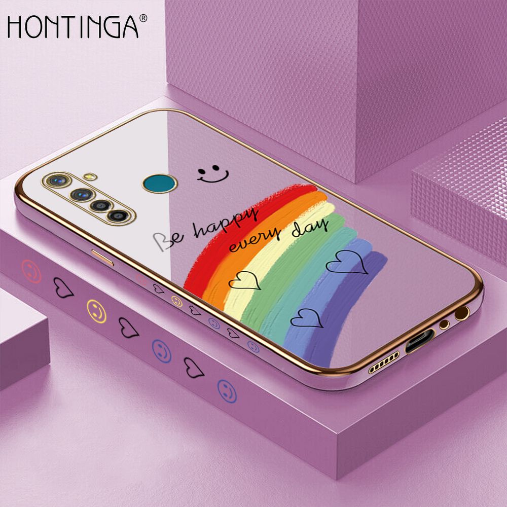 Hontinga for Realme 5 Pro Back Cover + Free Lanyard Luxury 6D Plating Smile Rainbow Side Pattern Case Soft Silicone Square Mobile Cover
