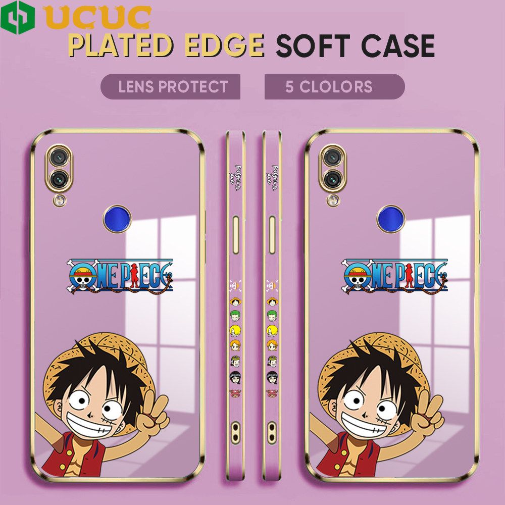 UCUC for Redmi Note 7 Note 7 Pro Back Cover + Free Lanyard Wave Luffy Luxury 6D Plating Case Side Pattern Soft Silicone Square Phone Cases