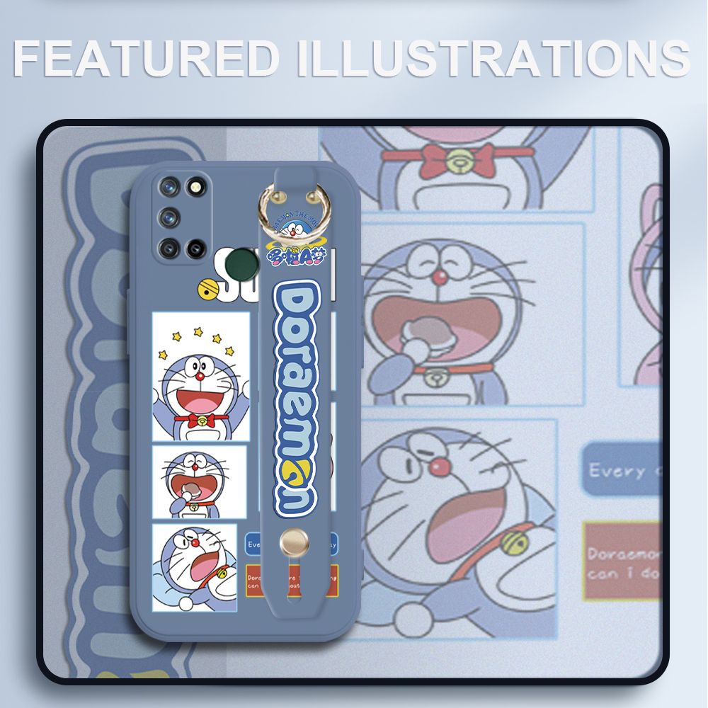UCUC for Realme C17 Wrist Strap Case Creative Cartoon Doraemon's Daily Life Cover Ultra Thin Anti Fall Liquid Silicone Phone Case