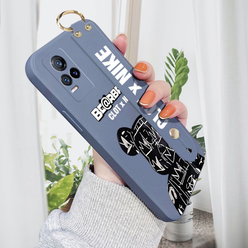 Jizetin for Vivo V21E Wrist Strap Case Creative Cartoon Black Stitching Bear Cover Ultra Thin Anti Fall Liquid Silicone Phone Case