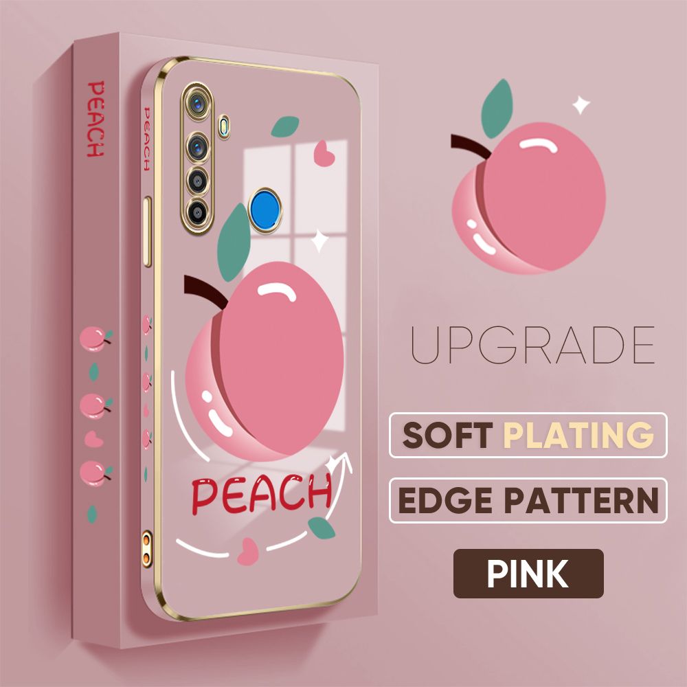 TA for Realme 5 5i 5S 6i Back Cover Shiny Peach Luxury 6D Plating Case Side Pattern Soft Silicone Square Phone Case