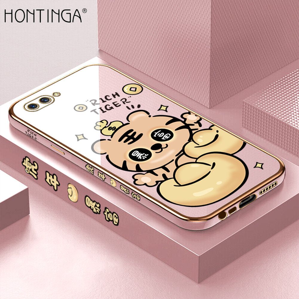 Hontinga for OPPO A3S A12E Back Cover + Free Lanyard Luxury 6D Plating Cartoon Get Rich Tiger Side Pattern Caese Soft Silicone Square Phone Cases
